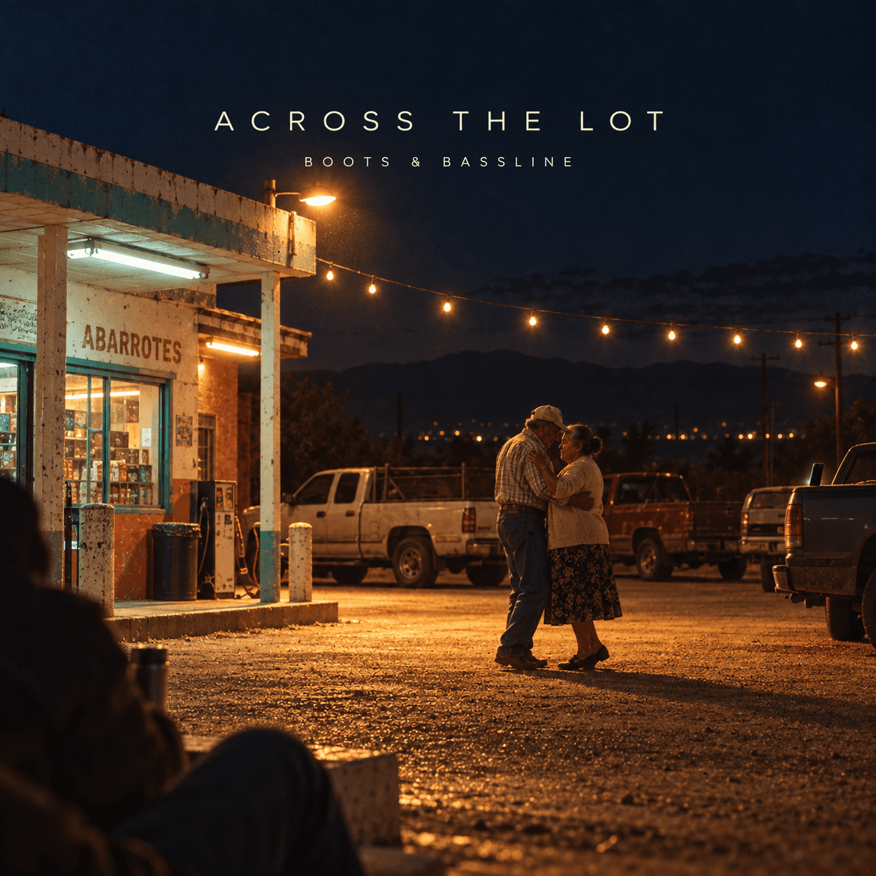 An older couple dancing beside an Abarrotes store at night, with three work trucks parked nearby.