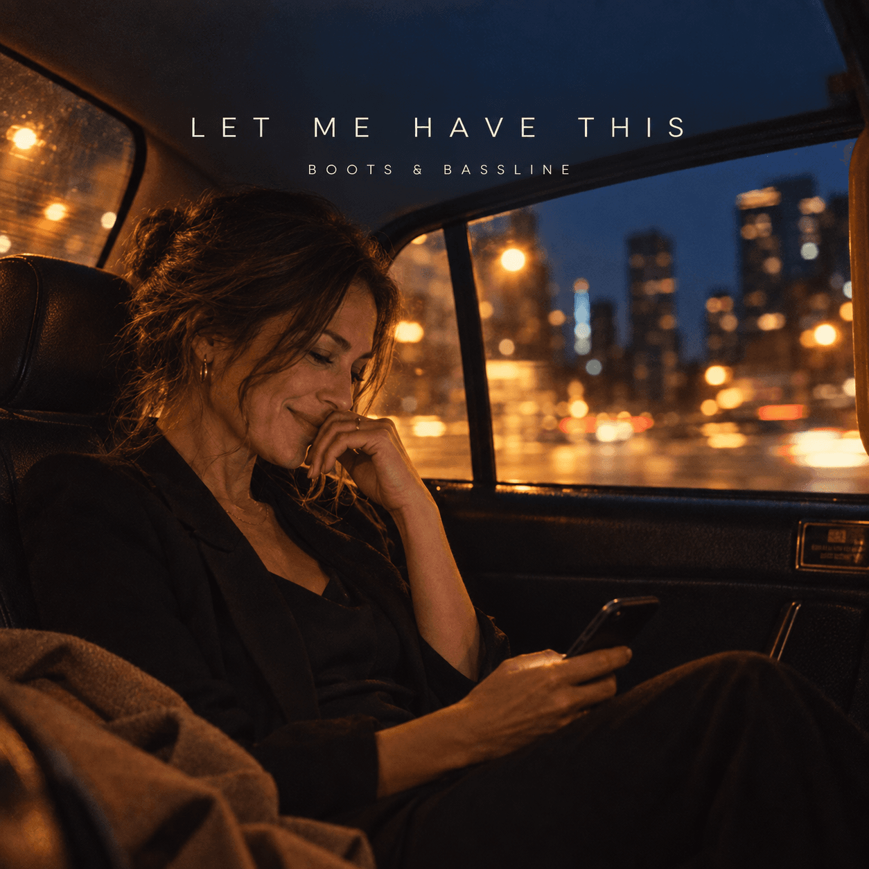 A woman smiling privately in the back of a taxi at night, with city lights through a rain-streaked window.