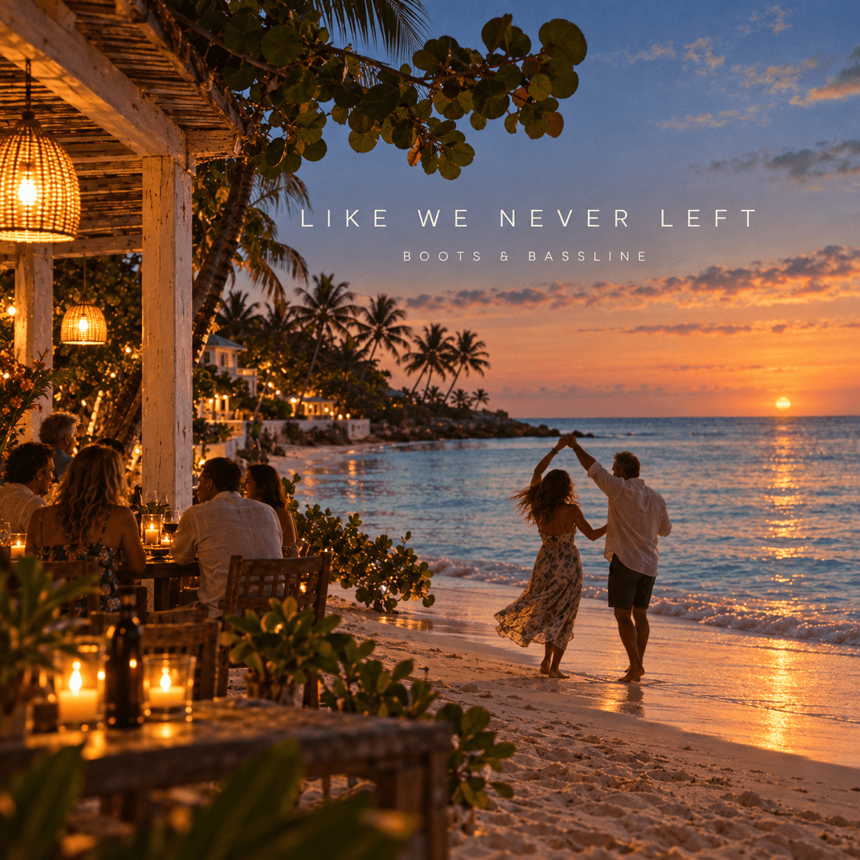 Friends dancing beside a beach dinner at sunset.