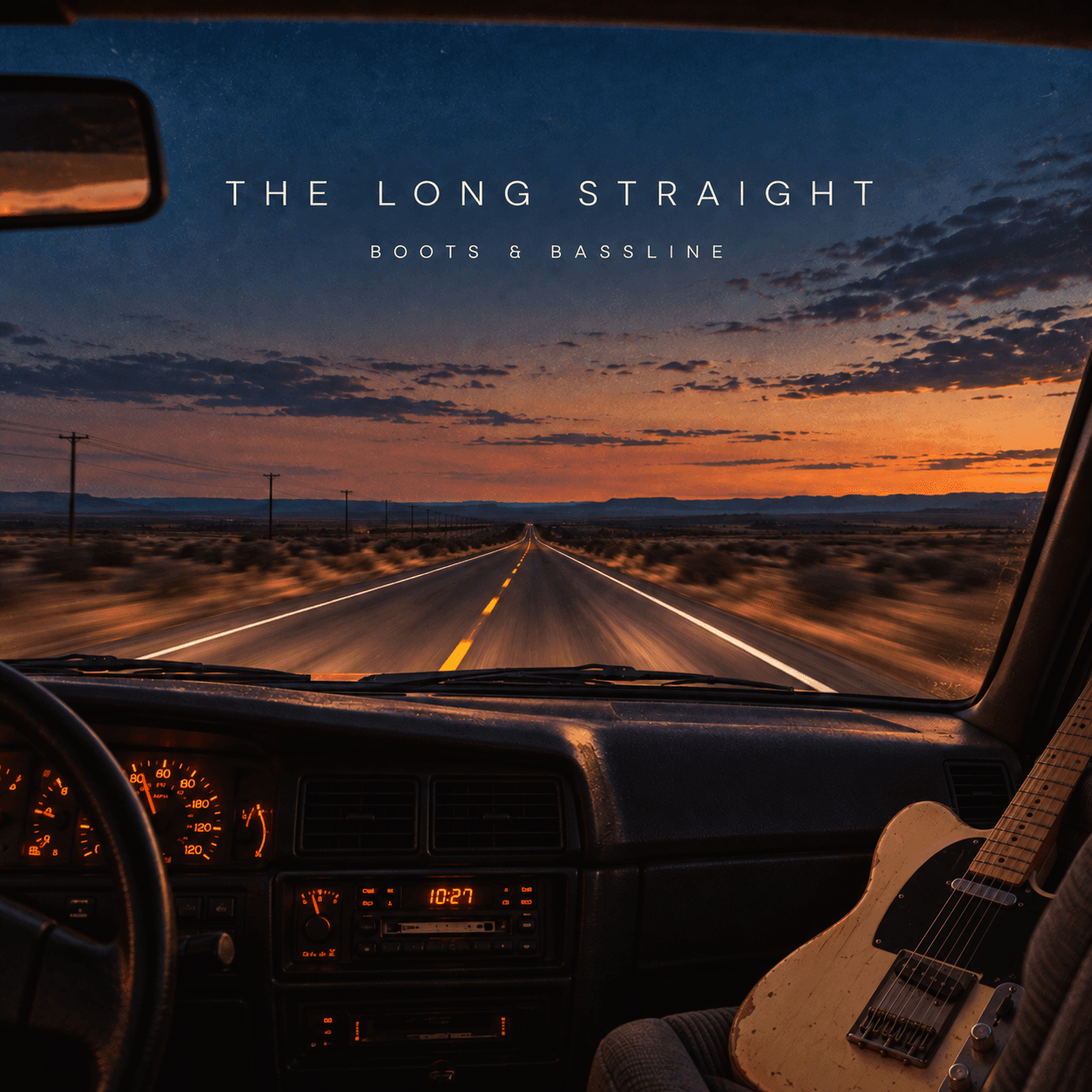 An older car dashboard and cassette stereo facing a long western highway at sunset, with a guitar on the empty passenger seat.