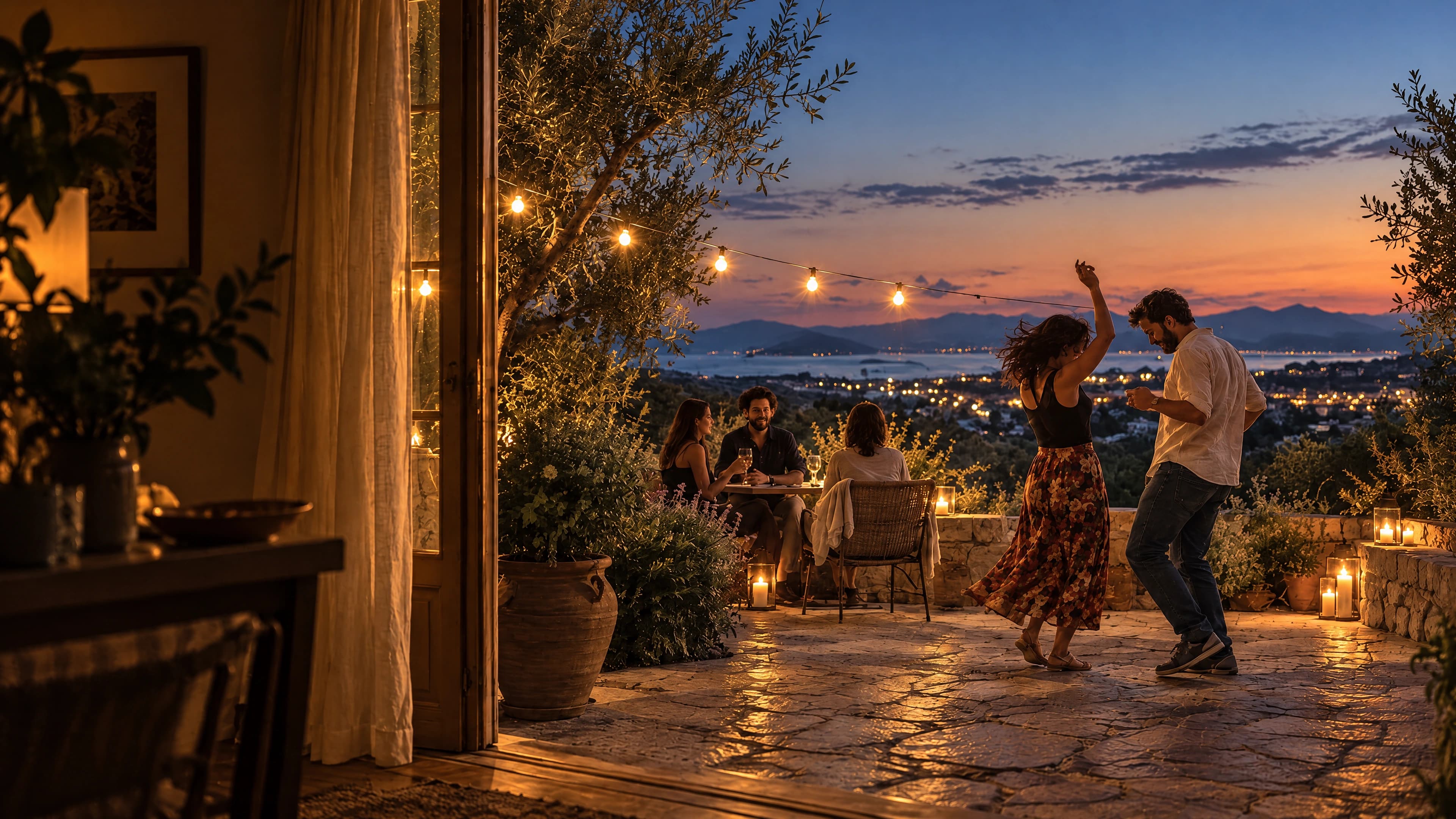Friends dancing and talking on a warmly lit terrace at dusk, with string lights above the table and a valley beyond.