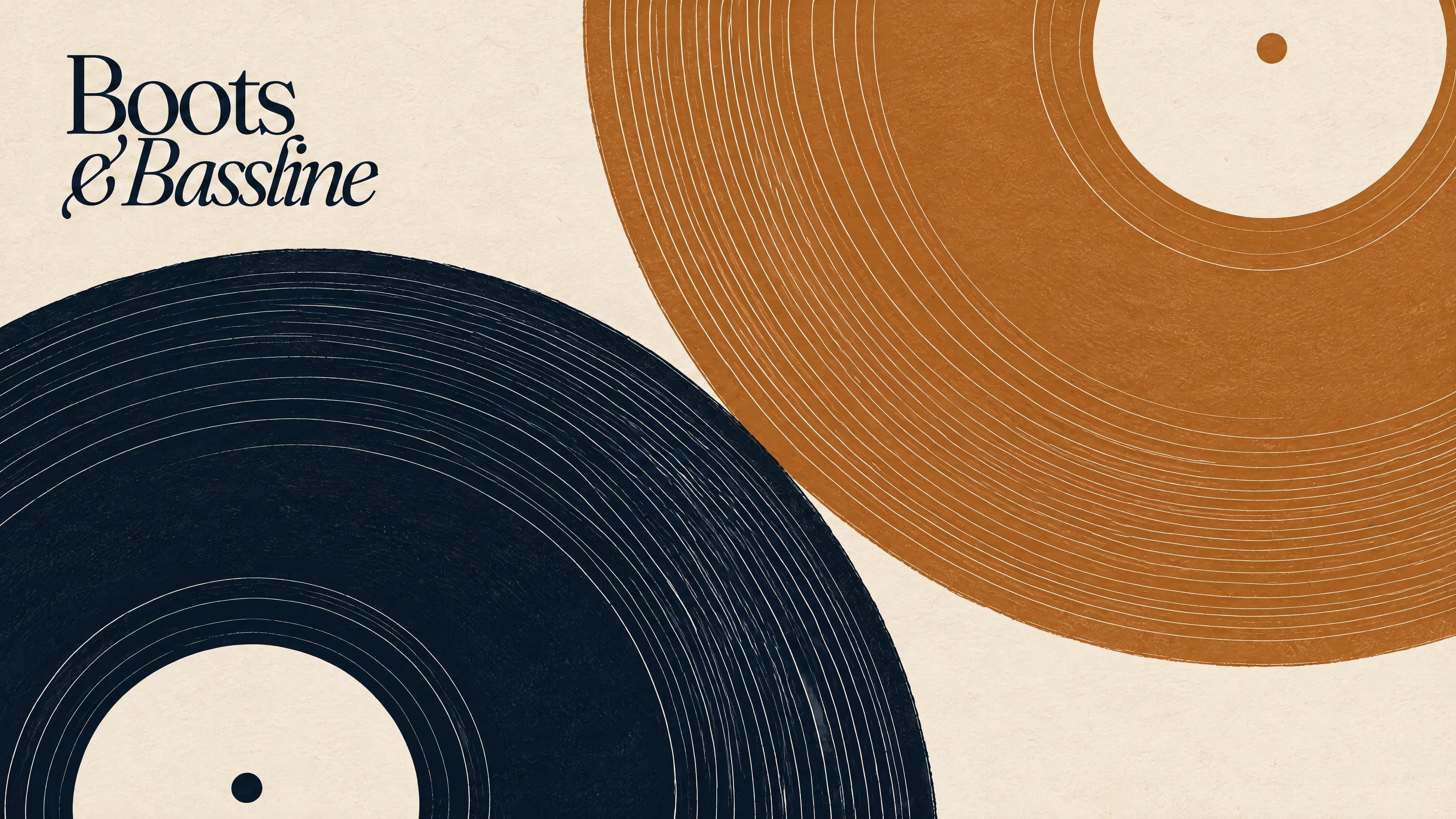 Two oversized vinyl records in navy and amber on textured cream paper, with the Boots & Bassline wordmark.