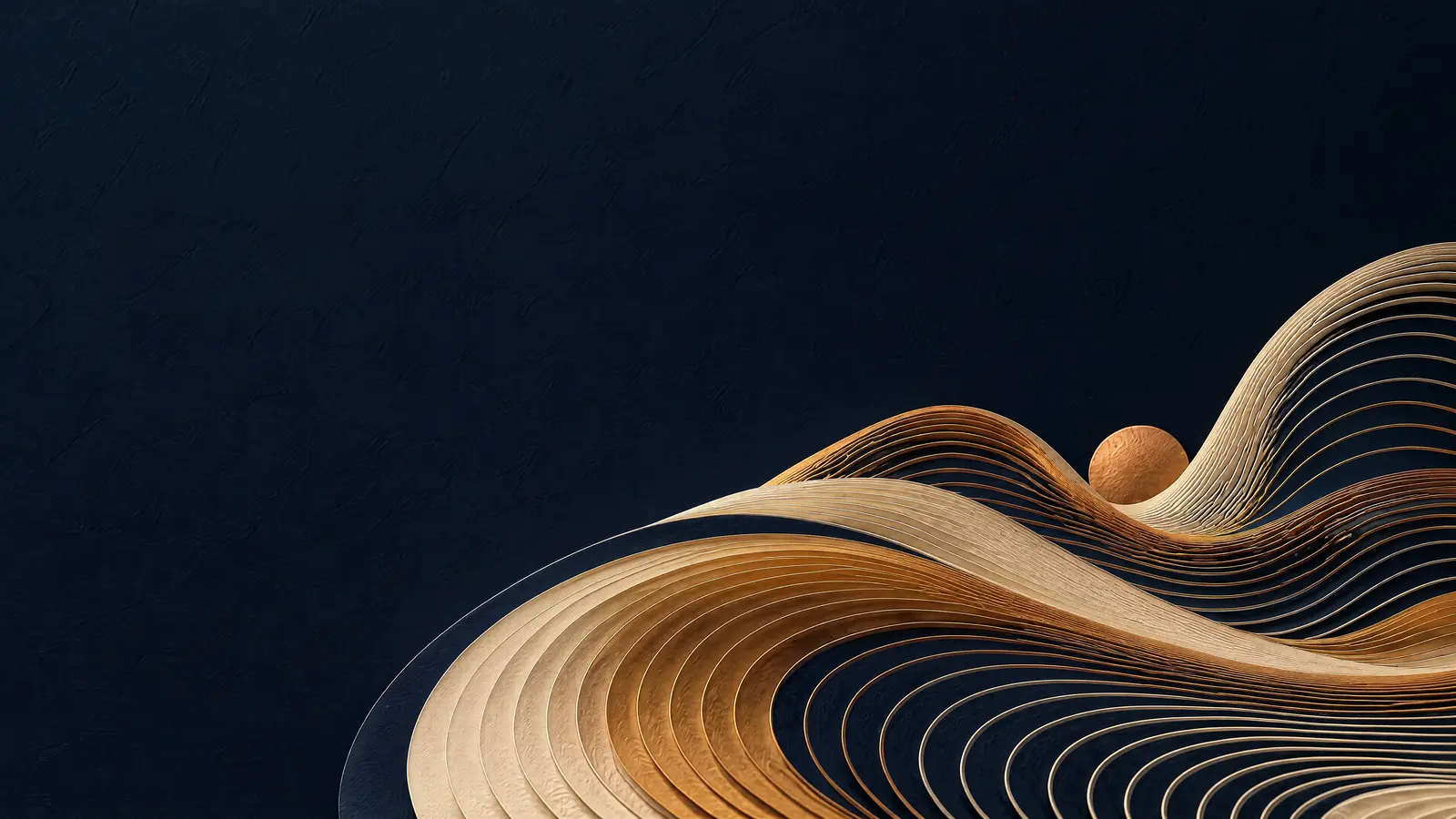 Ivory and amber paper record grooves rise across a midnight navy field, with a small copper disc in a valley.