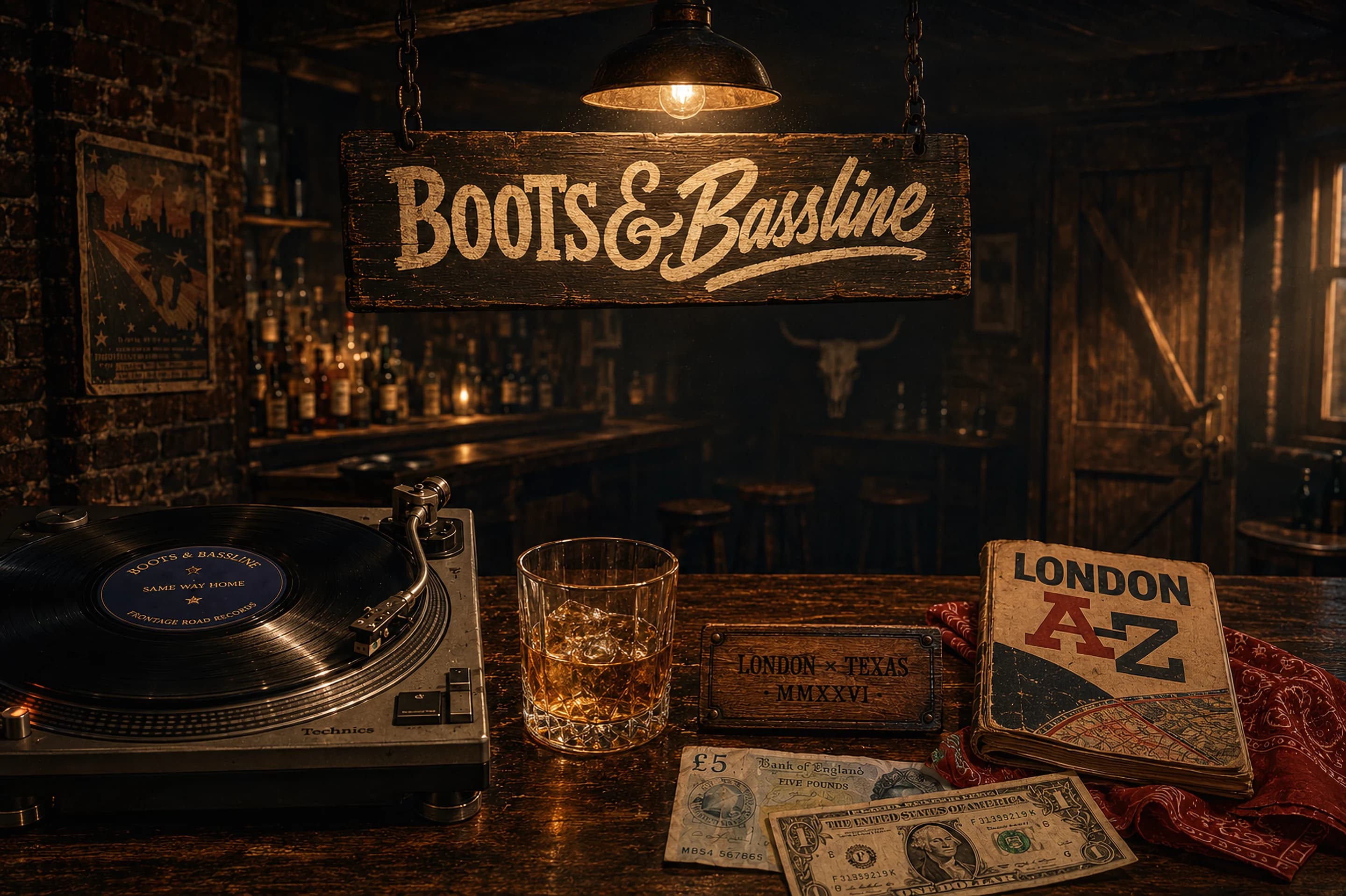 The dive bar backroom at 2:47am — a hand-painted 'BOOTS & BASSLINE' wooden sign hangs under a single warm pendant light. Below, a turntable spins a Same Way Home vinyl beside a whisky glass, a London A-Z atlas, and a LONDON × TEXAS plaque.