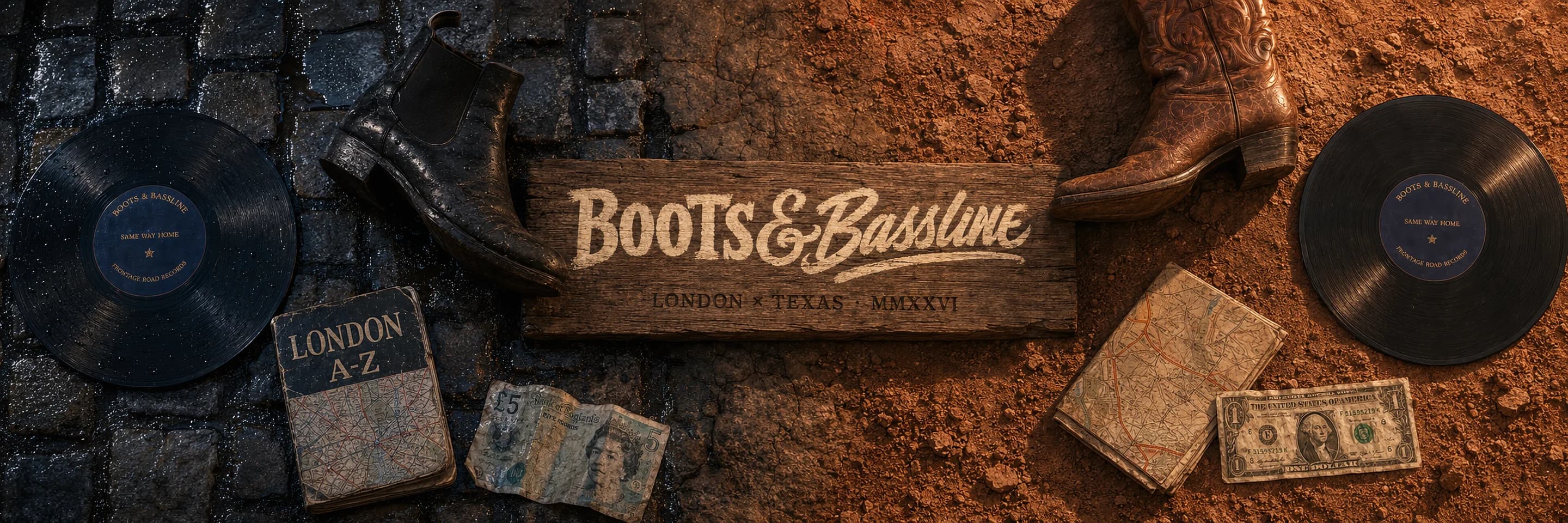 A 3:1 split-frame composition. Left: rain-wet London cobblestones with a Boots & Bassline vinyl, a black Chelsea boot, a London A-Z atlas, and a crumpled £5 note under cool tungsten streetlight. Centre: a weathered wooden plank hand-painted with the 'BOOTS & BASSLINE' wordmark and 'LONDON × TEXAS · MMXXVI' burned into the wood. Right: dry Texas dirt with the same vinyl, a brown cowboy boot, a folded Texas highway map, and a $1 bill in warm dawn light.