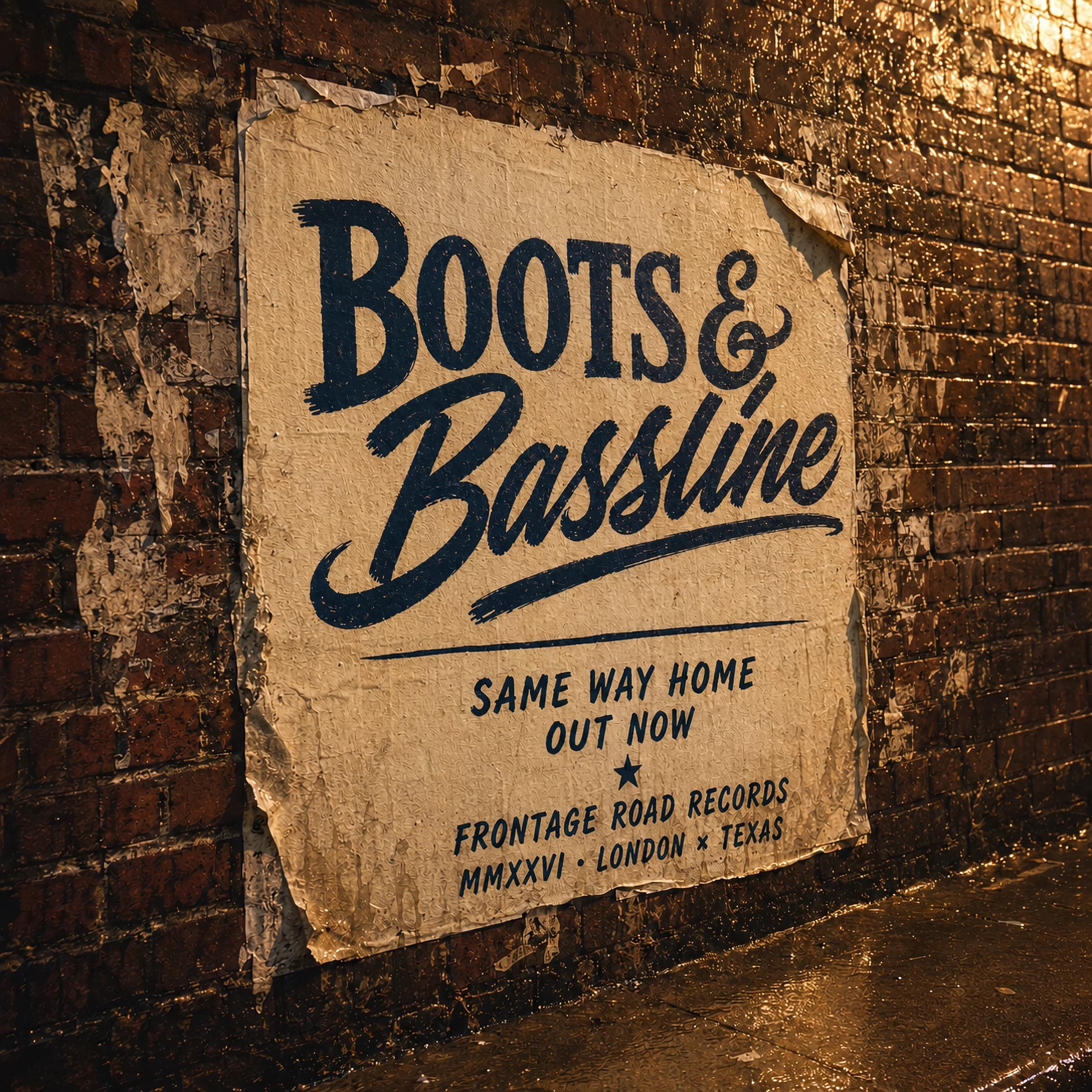 Boots & Bassline hand-lettered wheat-paste gig poster on a rain-wet brick wall under warm sodium streetlight: 'BOOTS & BASSLINE / SAME WAY HOME / OUT NOW / FRONTAGE ROAD RECORDS / MMXXVI · LONDON × TEXAS'.