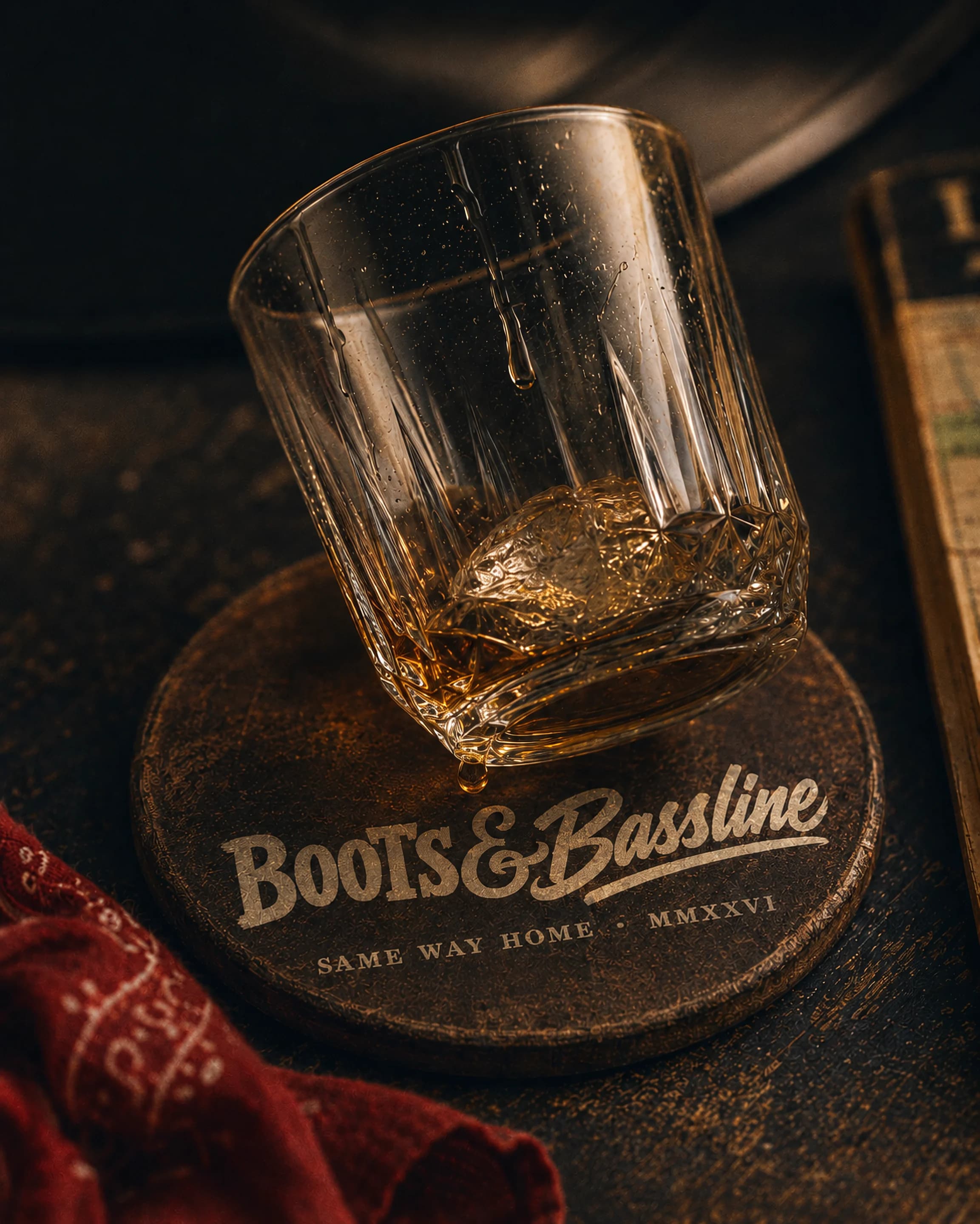 A crystal whisky tumbler tilted on a wooden coaster hand-painted with 'BOOTS & BASSLINE / SAME WAY HOME · MMXXVI'. A red bandana frames the corner, the rim of a vinyl record catches warm tungsten light above.