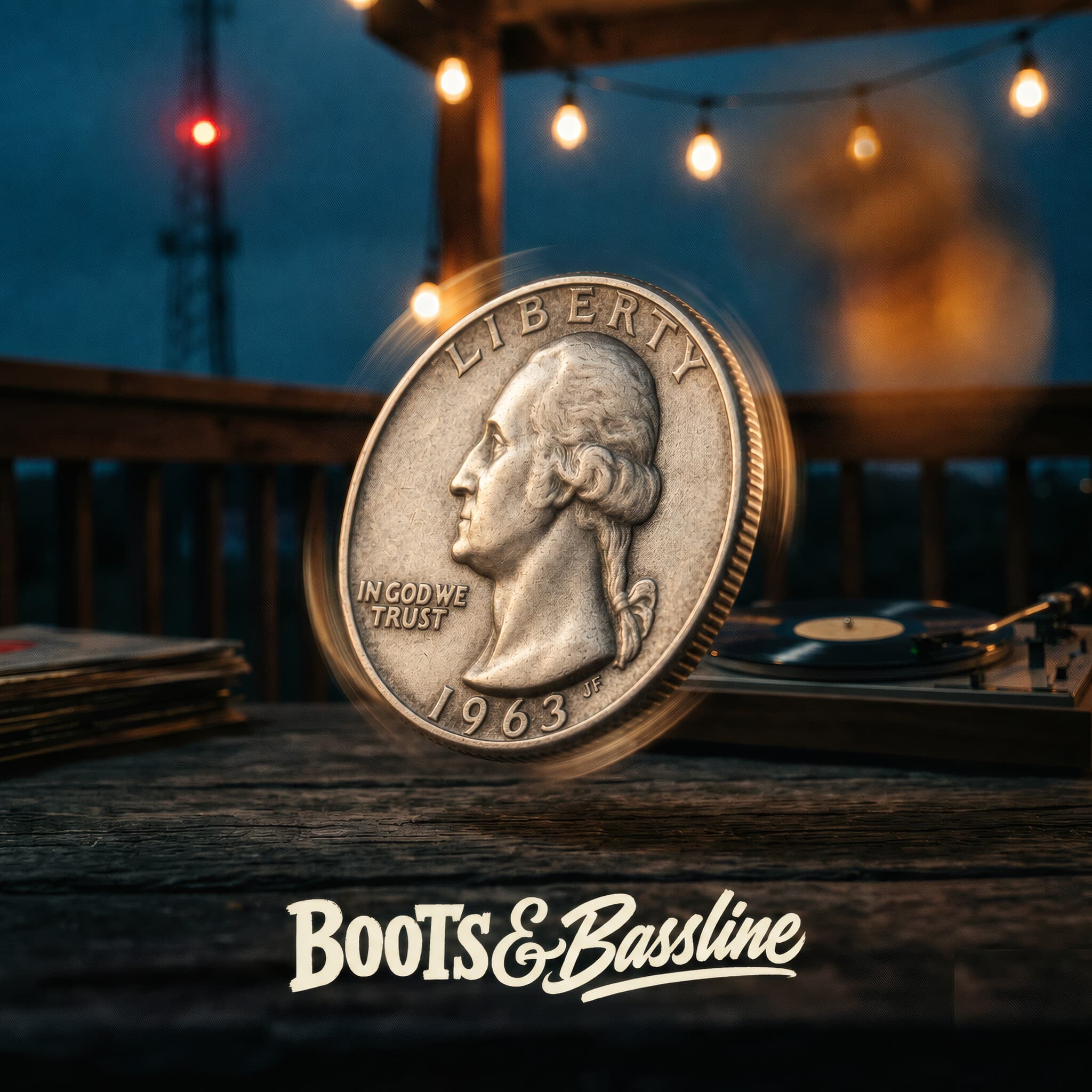 Heads or Tails single cover artwork: a worn 1963 silver quarter on a Texas porch at blue hour.