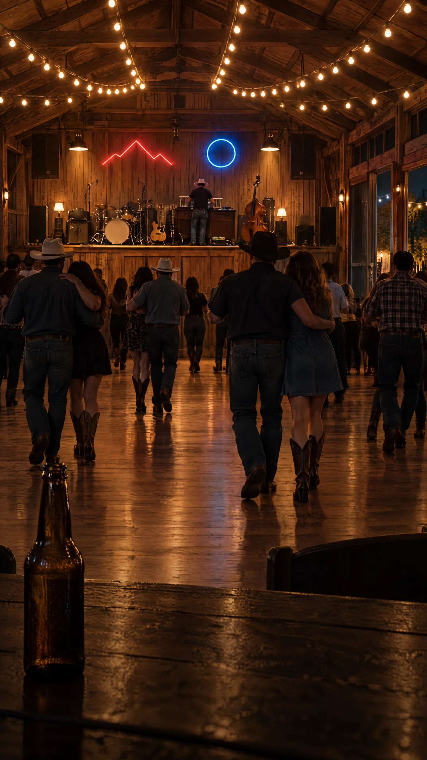 A Texas dancehall: couples in boots dancing across the wooden floor under string lights, a beer bottle on the table in front