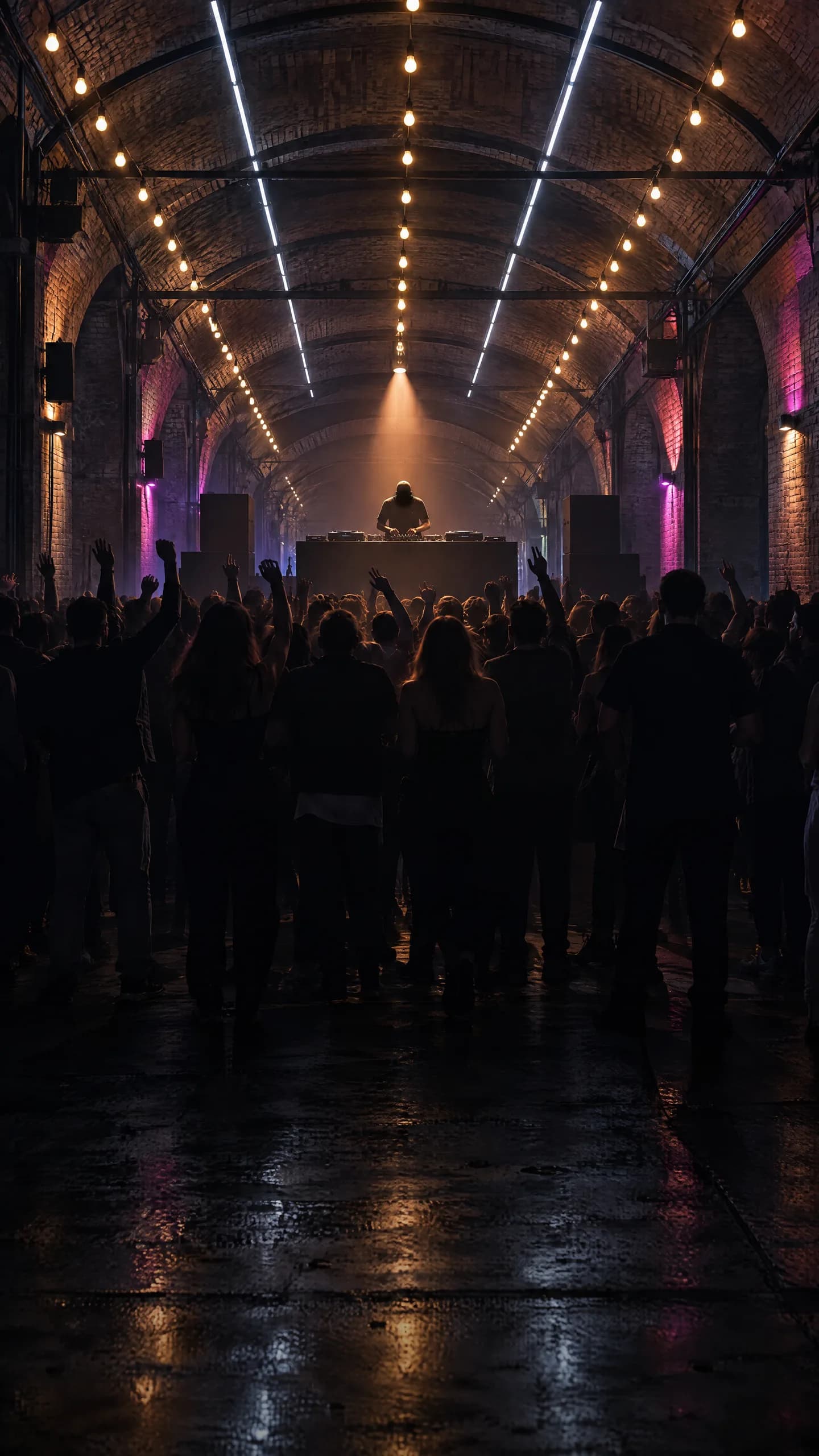 A packed railway arch, hands up towards the DJ under strings of bulbs, the floor wet and shining