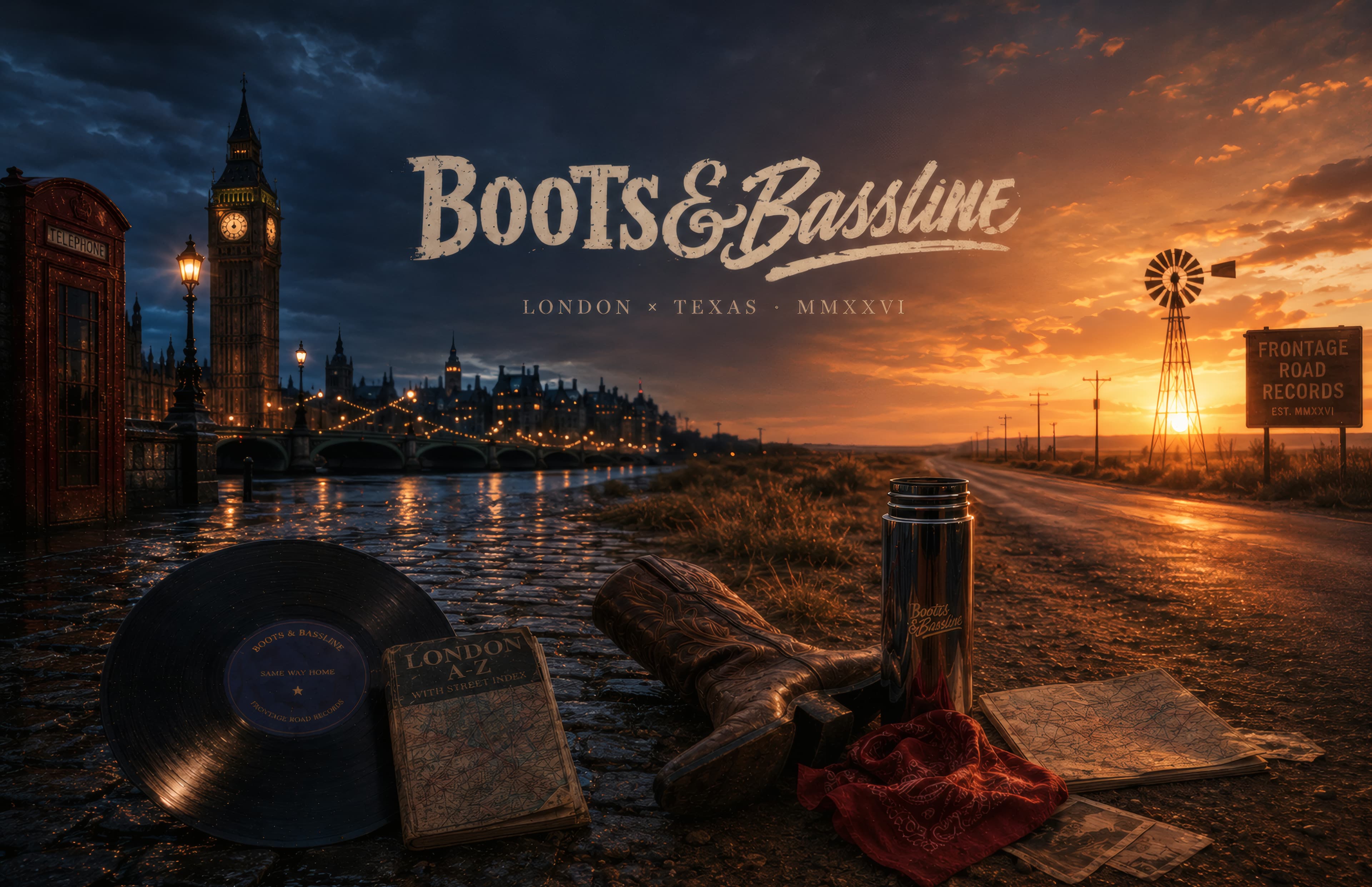 Boots & Bassline desktop wallpaper: London at dusk on the left dissolving into a Texas highway sunset on the right, with the brush wordmark across the sky.