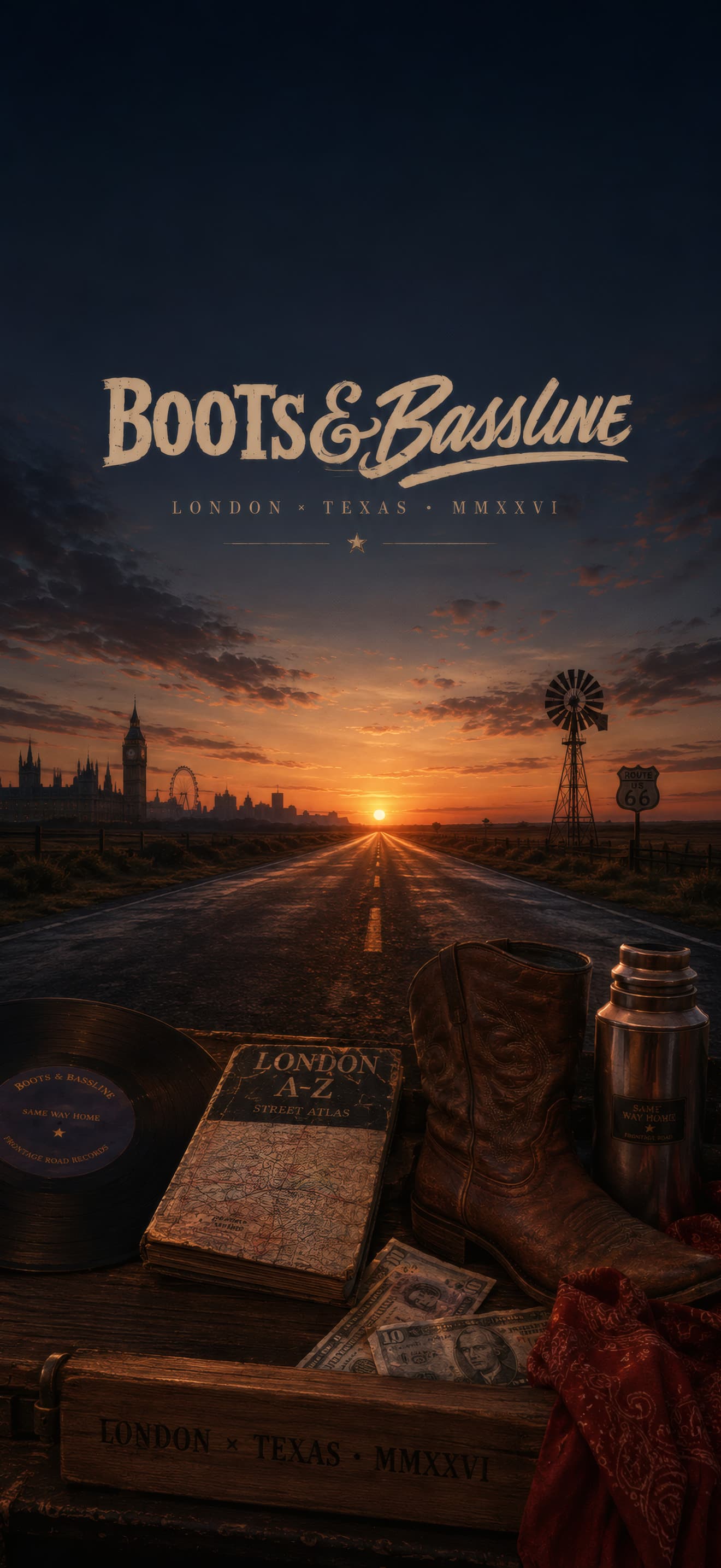 Boots & Bassline phone wallpaper: an open Texas road at sunset with a London skyline on the horizon, vinyl, atlas and a cowboy boot on a crate below.