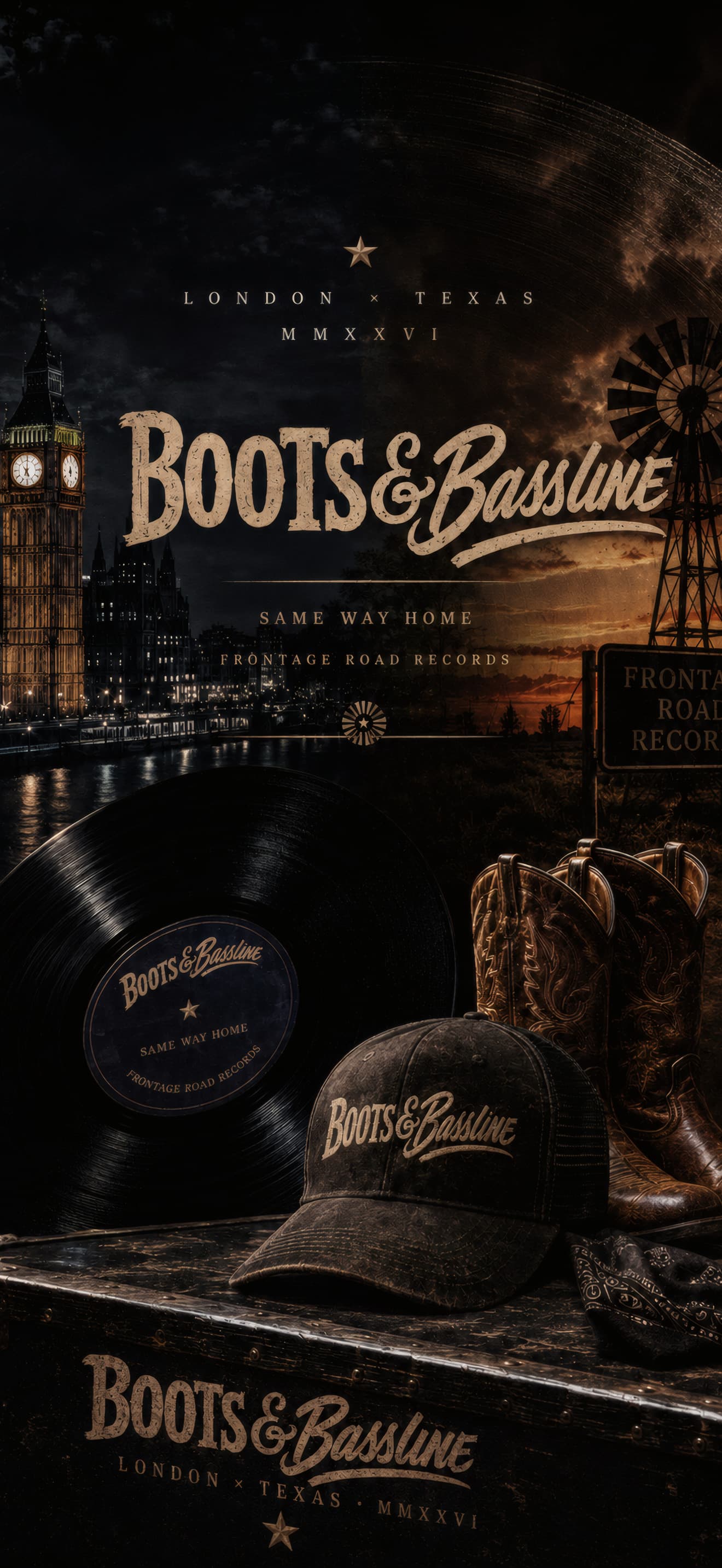 Boots & Bassline phone wallpaper: Big Ben beside a vinyl record, trucker cap and cowboy boots under a Frontage Road Records sign.