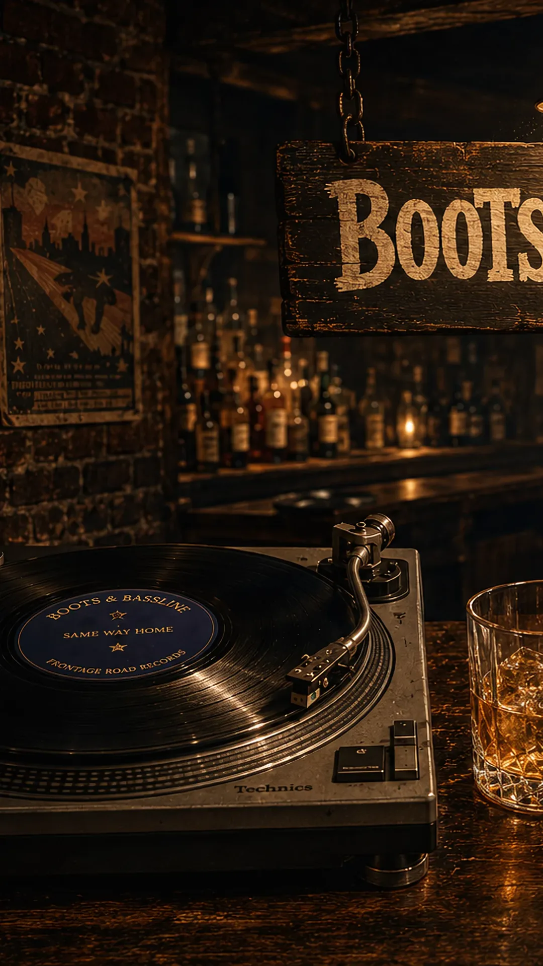 A turntable and a glass on the bar of a dark back room, under the Boots & Bassline sign