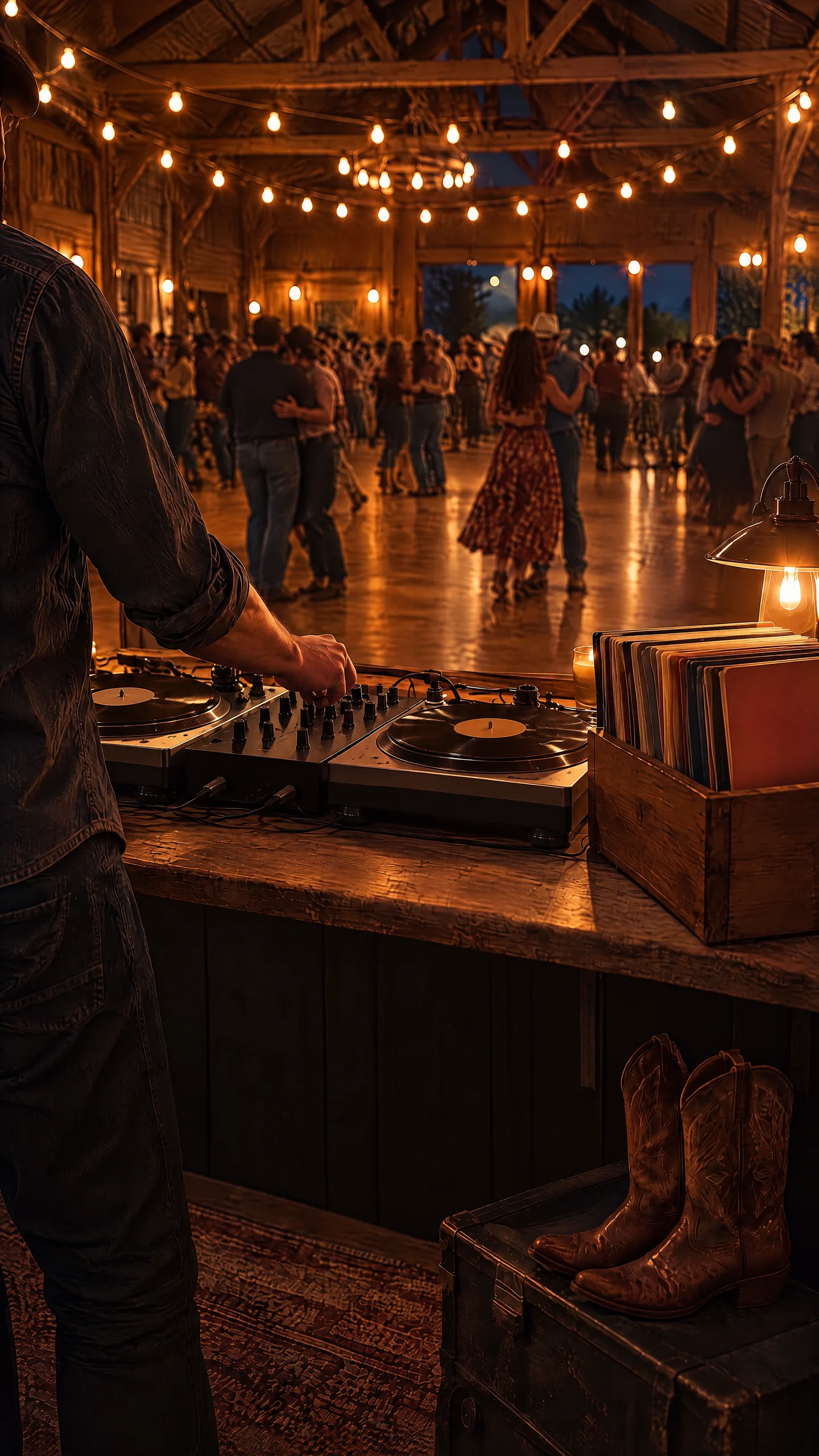 A DJ at two turntables in a warmly lit wooden Texas dancehall, with dancers beyond and cowboy boots by a record crate