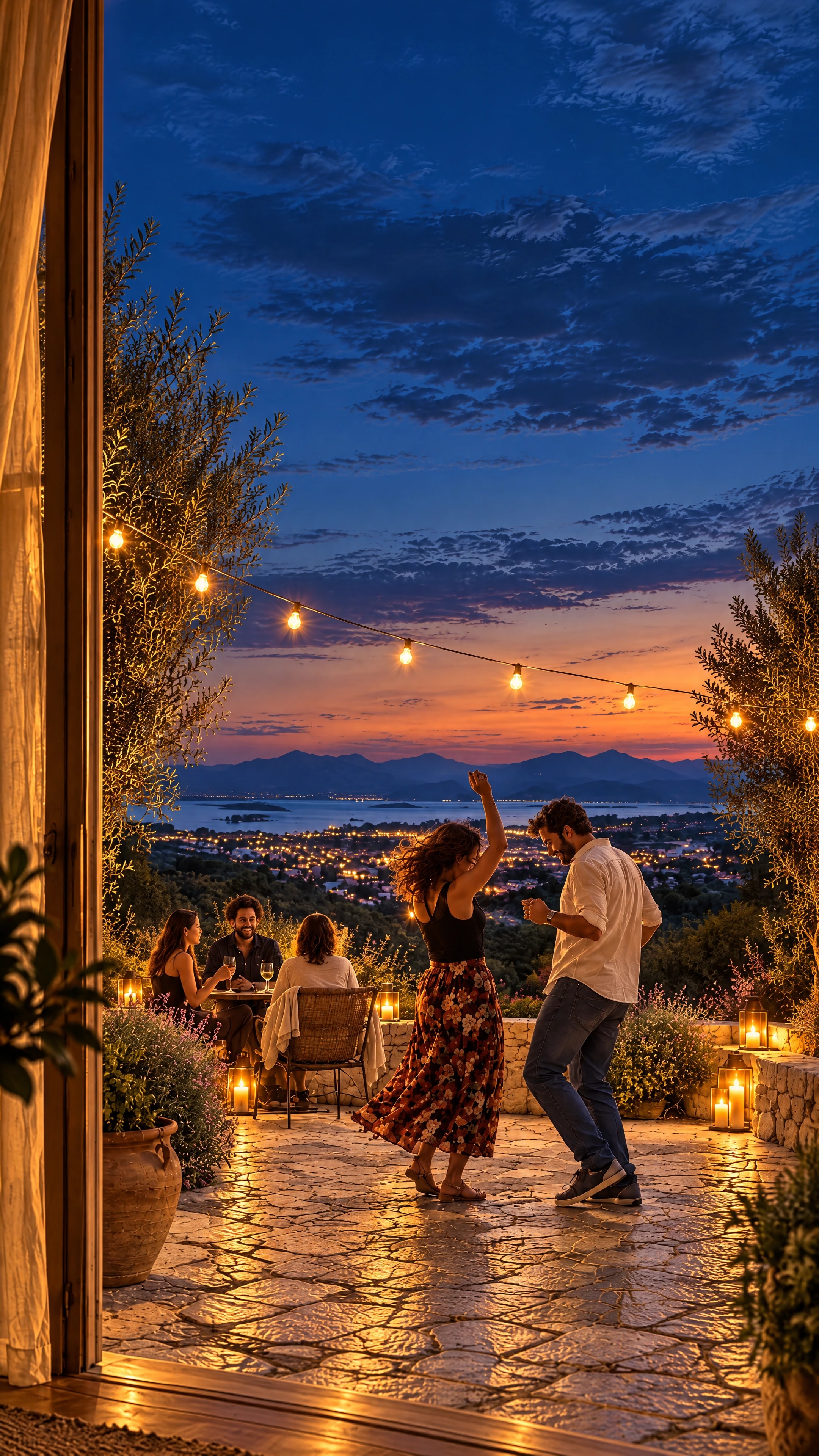 Friends gathering on a terrace at dusk