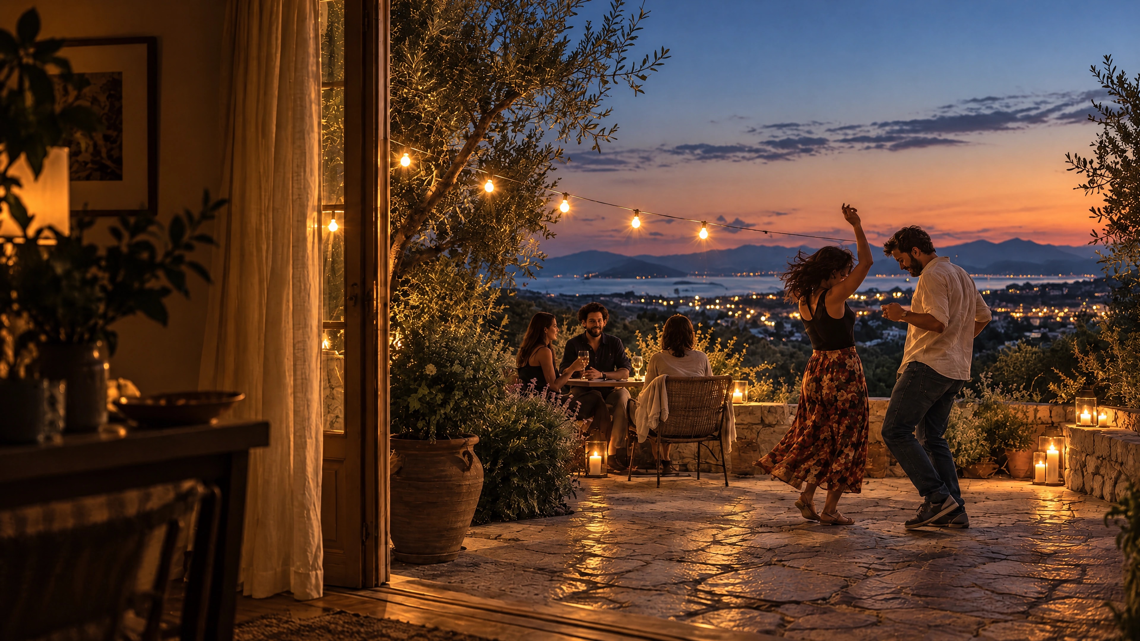 Friends gathering on a terrace at dusk