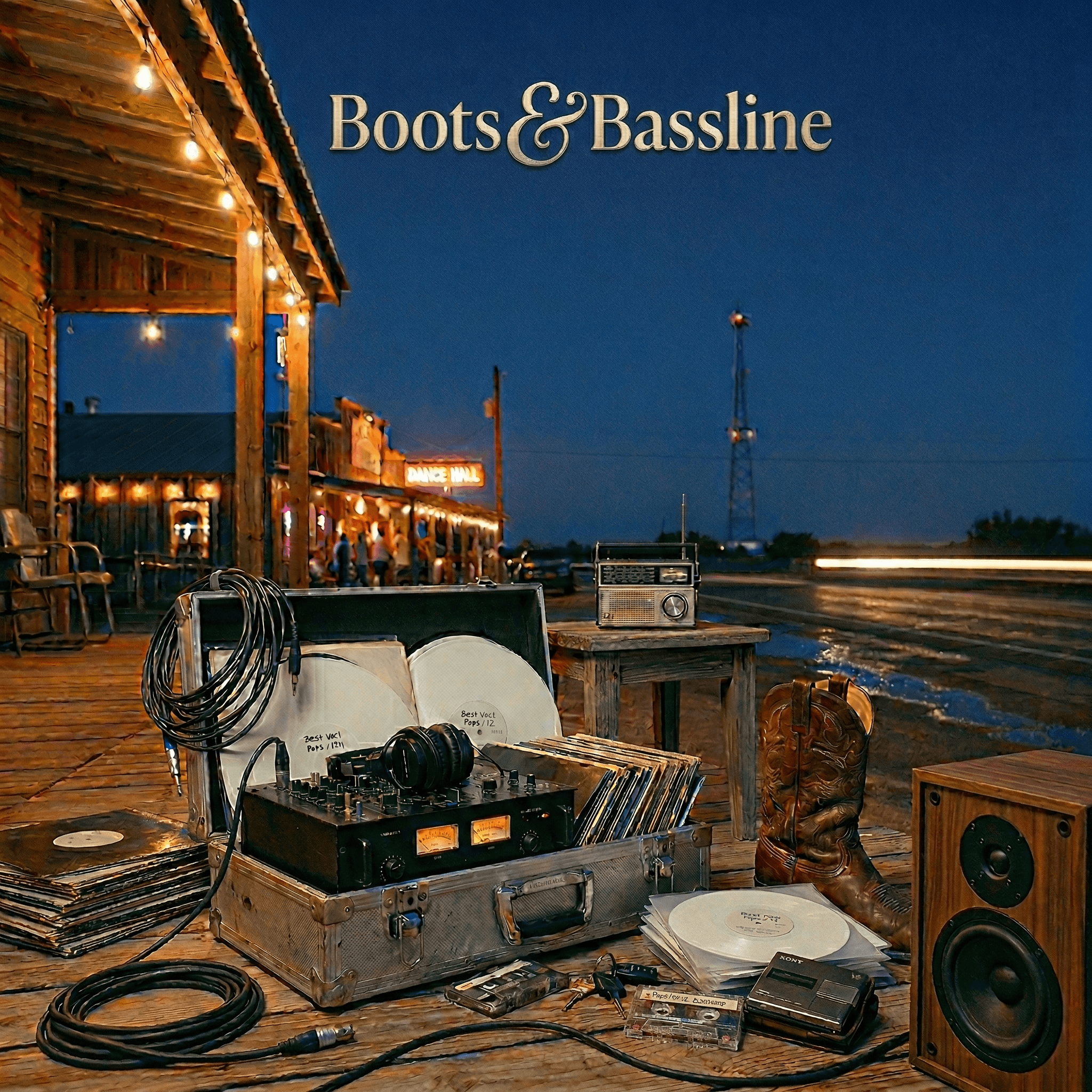 Boots & Bassline album artwork — DJ rig, vinyl, cowboy boots, and a dance hall on the frontage road at blue hour.